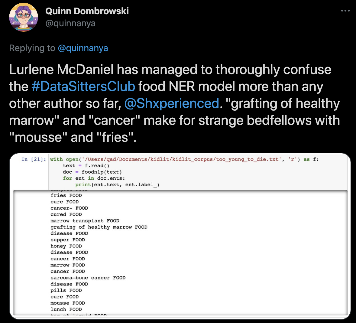 A tweet with NER results from Lurlene McDaniel