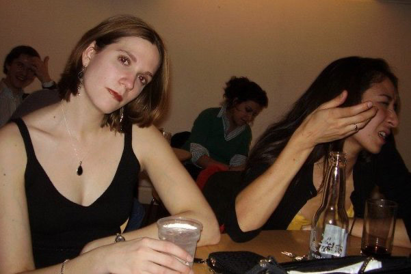 Rebecca and Maria at a bar in grad school