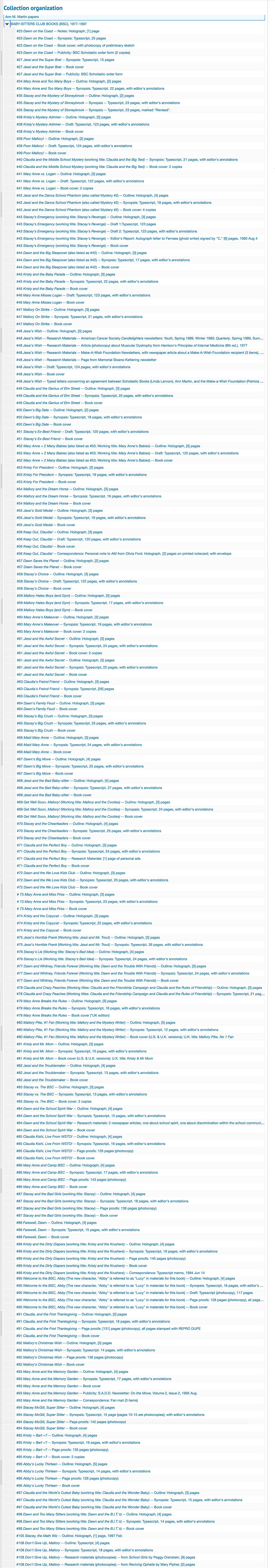 Giant list of materials from the BSC collection in the Ann M. Martin papers