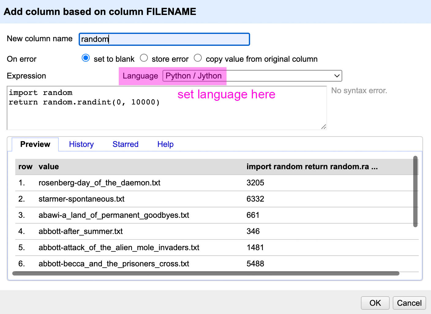 Adding a random number column in OpenRefine