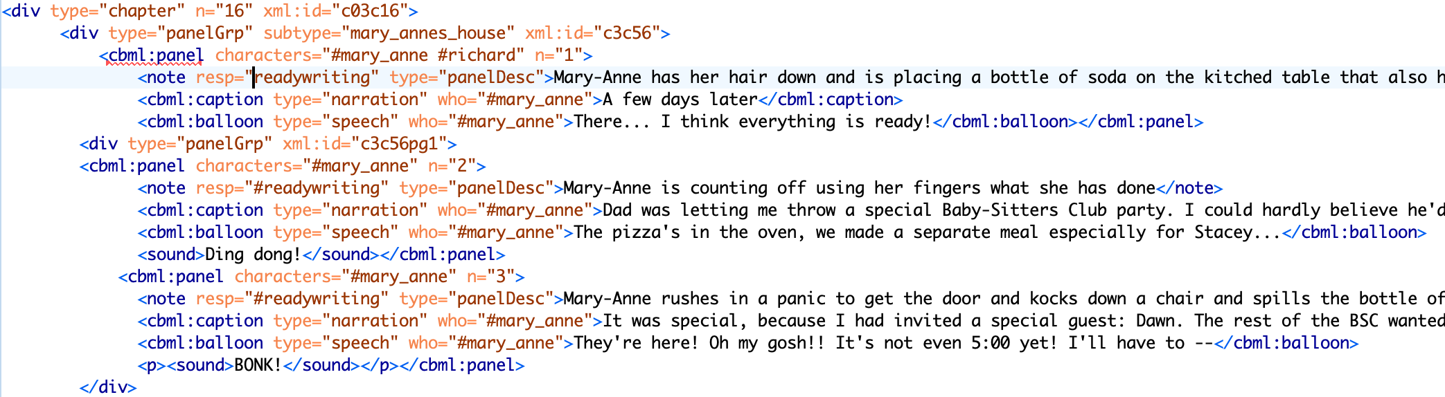 Lee's markup of Mary Anne Saves the Day using CBML