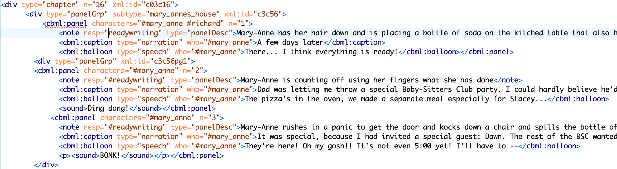 CBML markup of the sound effect scene used above, from Mary Anne Saves the Day