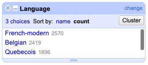 Screenshot of OpenRefine looking at the number of identified subject/verb pairs for each set of languages
