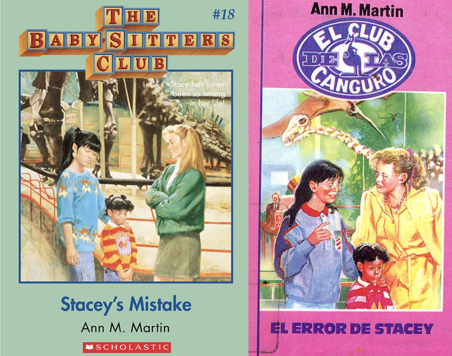 'Stacey's Mistake' cover comparison. Stacey is in an all-yellow suit (was that the mistake?), and Claudia doesn't look at all like herself in the Spanish version