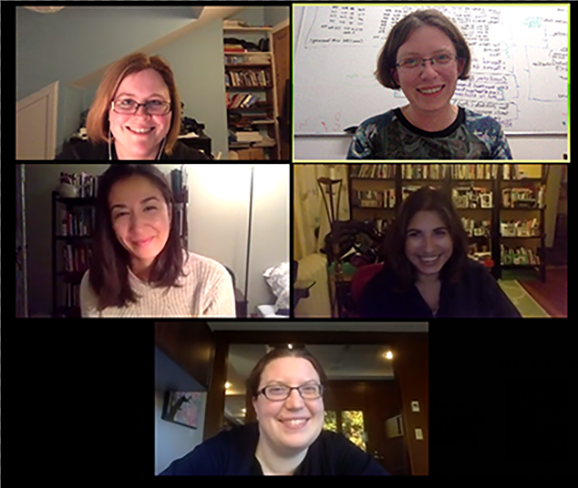 Photo of the first Data-Sitters Club Zoom meeting with Quinn Dombrowski, Katia Bowers, Maria Cecire, Anouk Lang, and Roopika Risam