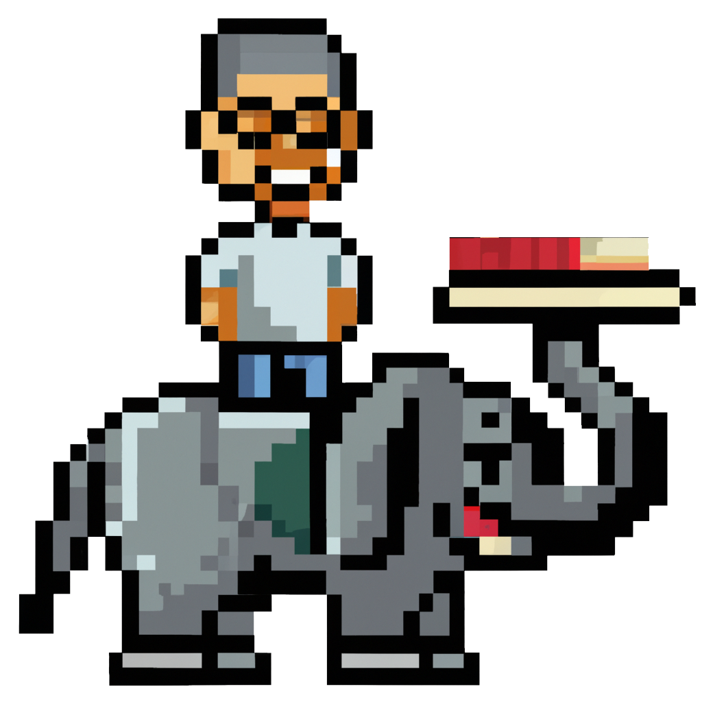 Pixel art of Glen Layne-Worthey riding an elephant with books on its trunk