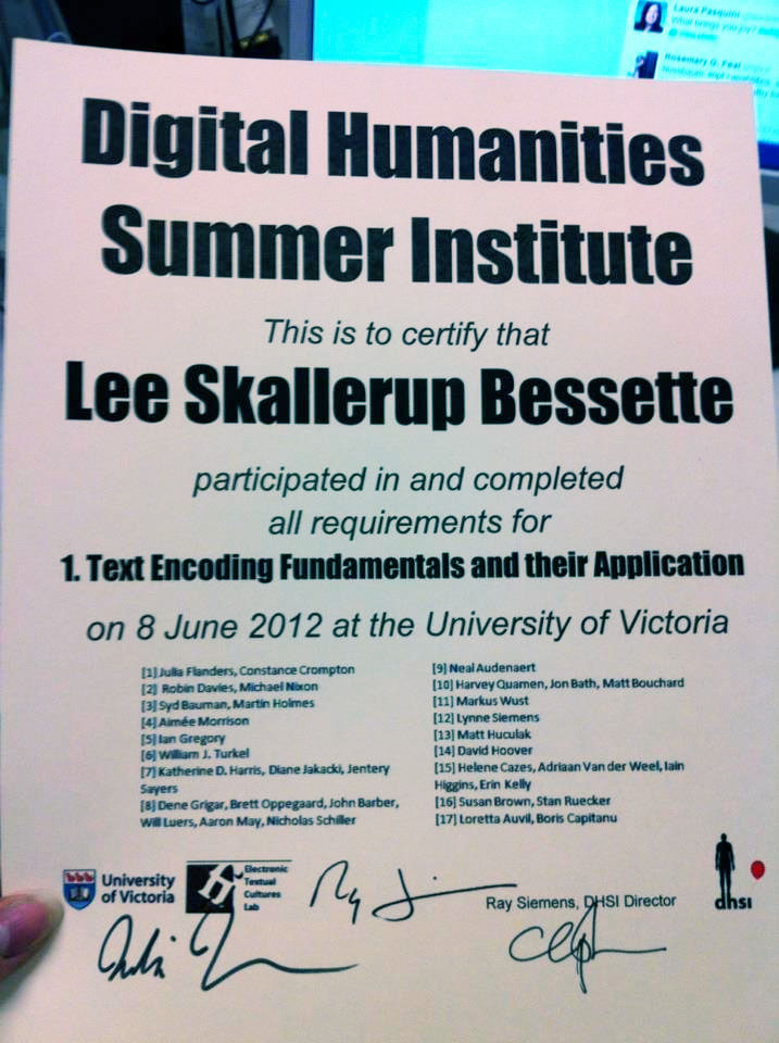 Lee's DHSI certificate for a DHSI workshop in 2012