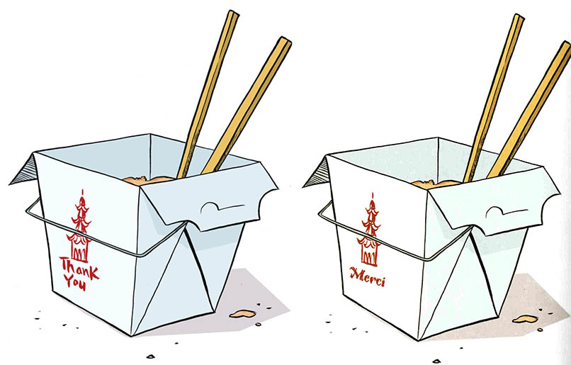 Chinese take-out containers with text 'thank you' and 'merci' from graphic novels
