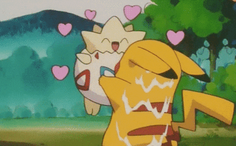 Animated GIF of Pikachu holding up Togepi