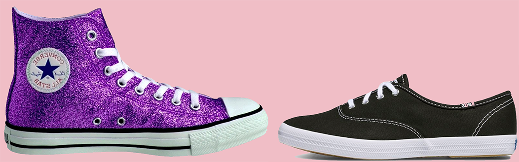 Purple glitter high-tops and black Keds