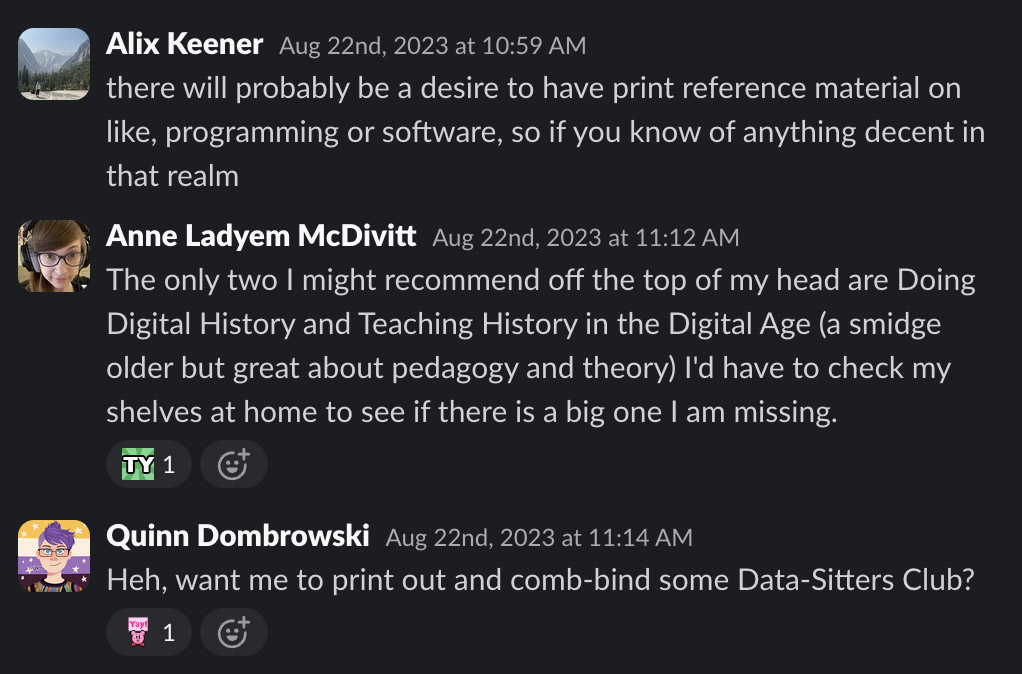 Slack screenshot of a conversation asking about print reference material for DH coding
