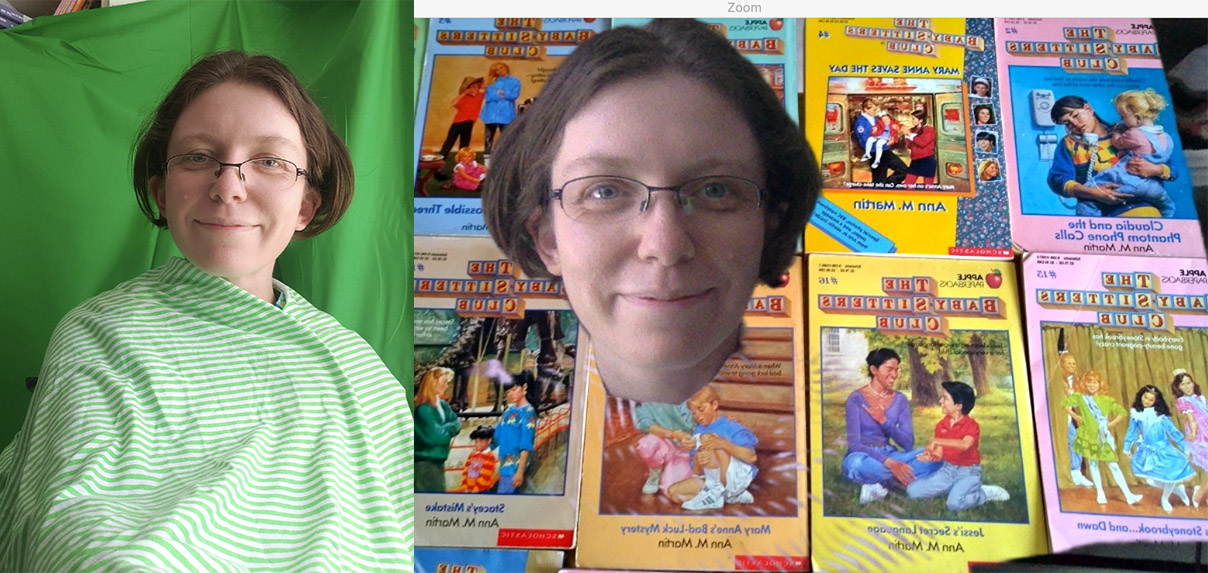Quinn on Zoom with a green screen and BSC books