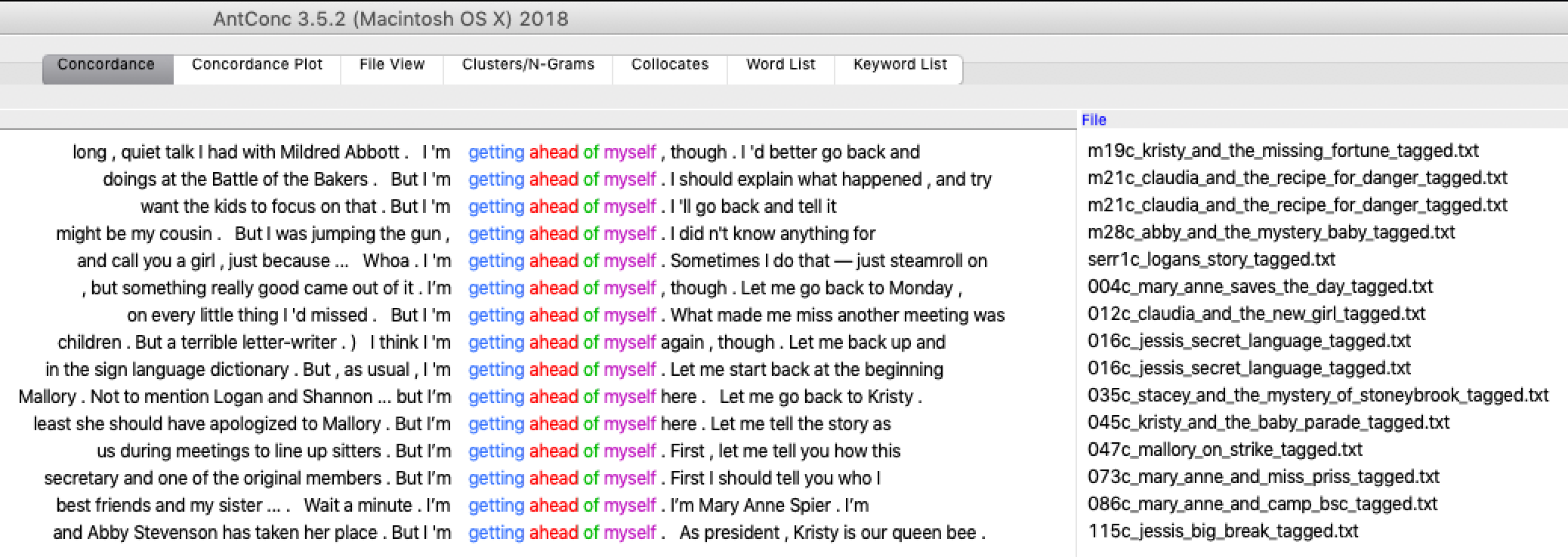 AntConc results for 'getting ahead of myself'