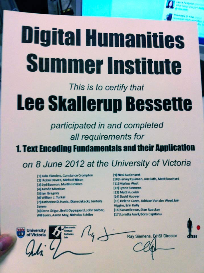 Lee's DHSI certificate for a DHSI workshop in 2012