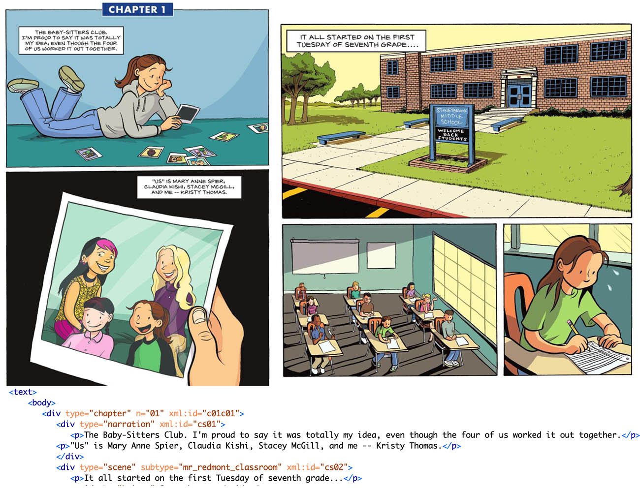Beginning of Kristy's Great Idea graphic novel with simple TEI Lite markup