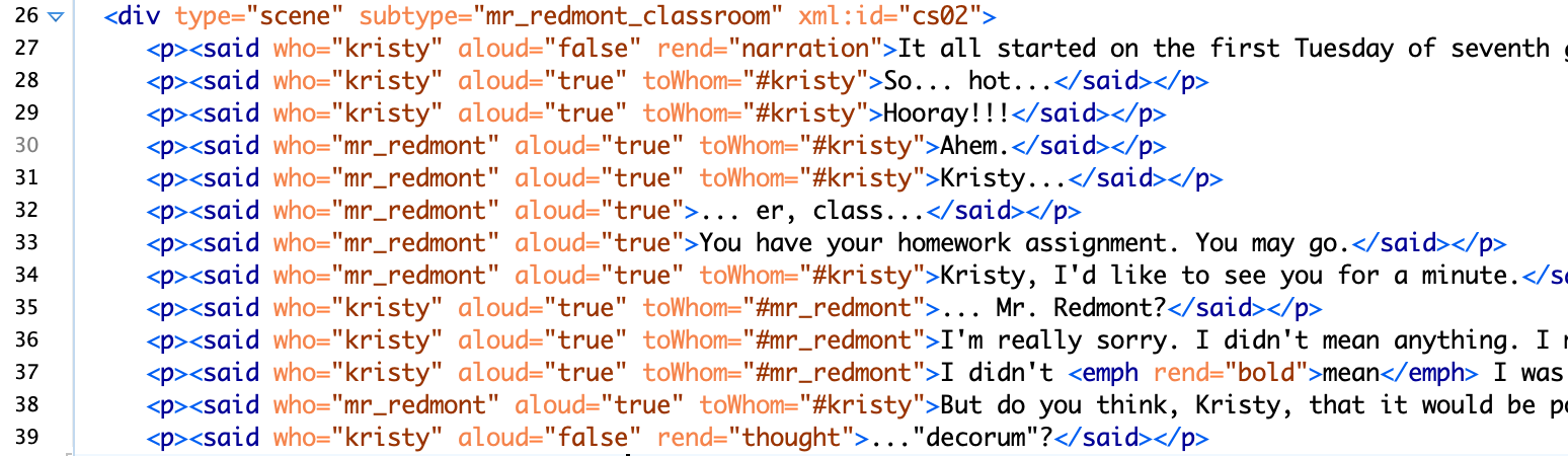 Transcription of the beginning of the Kristy's Great Idea graphic novel with paragraph and speaker markup and lots of attributes.