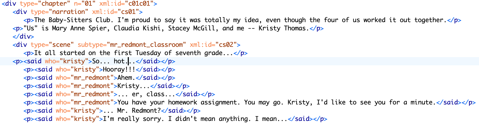 TEI markup of speech bubbles from Kristy's Great Idea graphic novel