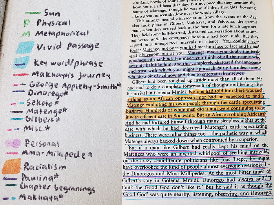 When Rain Clouds Gather, marked up too much with pen and highlighter, and a legend explaining what color means what