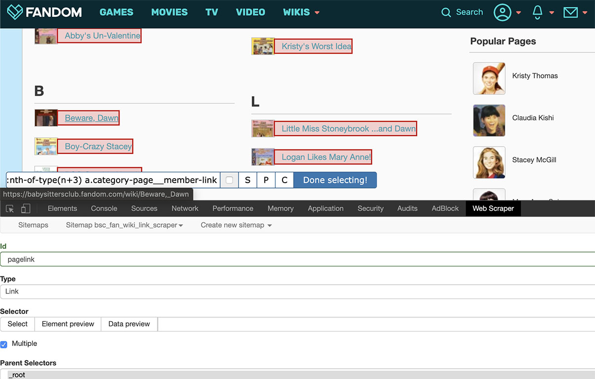 Selecting links for the scraper