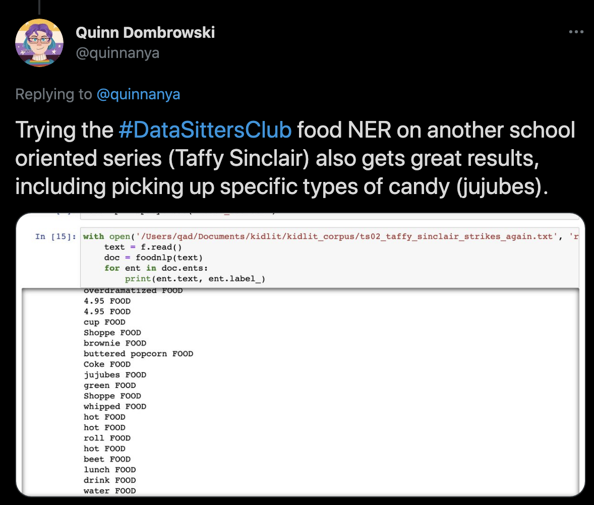 A tweet with NER results from Taffy Sinclair