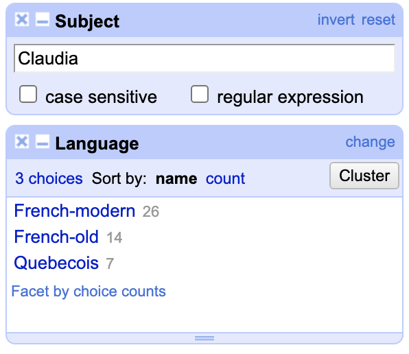 OpenRefine filters searching for number of verbs with Claudia as the subject