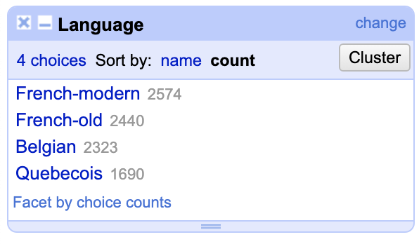 OpenRefine filters by language, with older and modernized French included