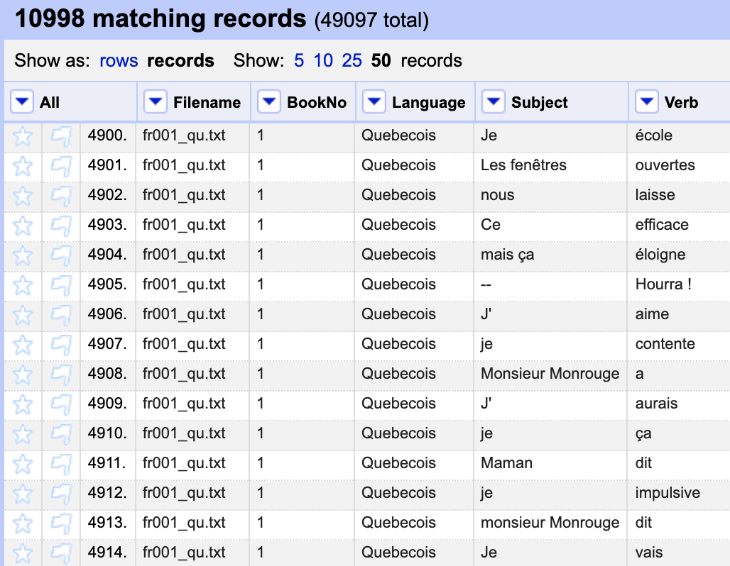 Screenshot of OpenRefine with all the texts from the Quebec translation